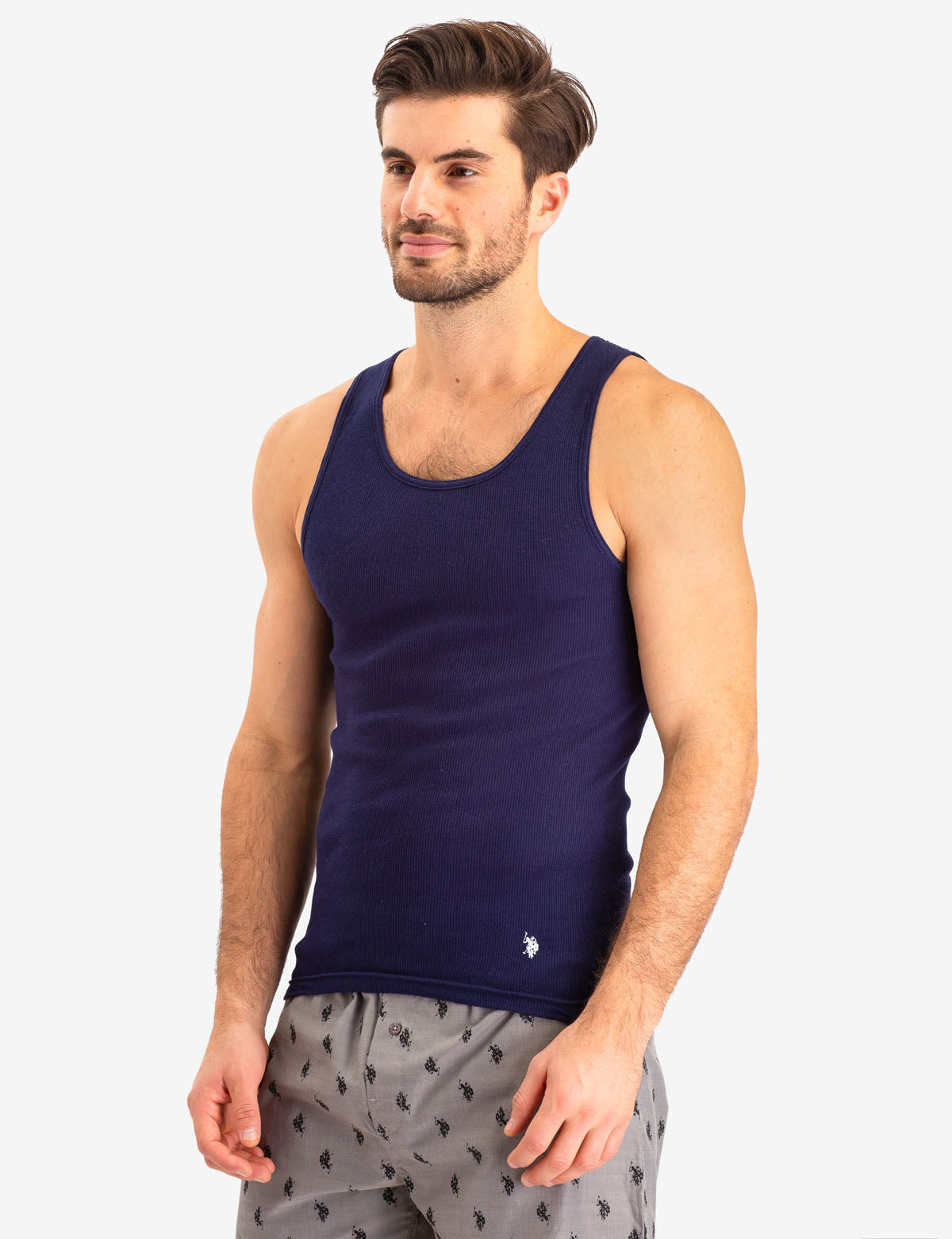 Men's 3-Pack Slim Fit Ribbed Cotton A-Shirts - Navy, White, Blue