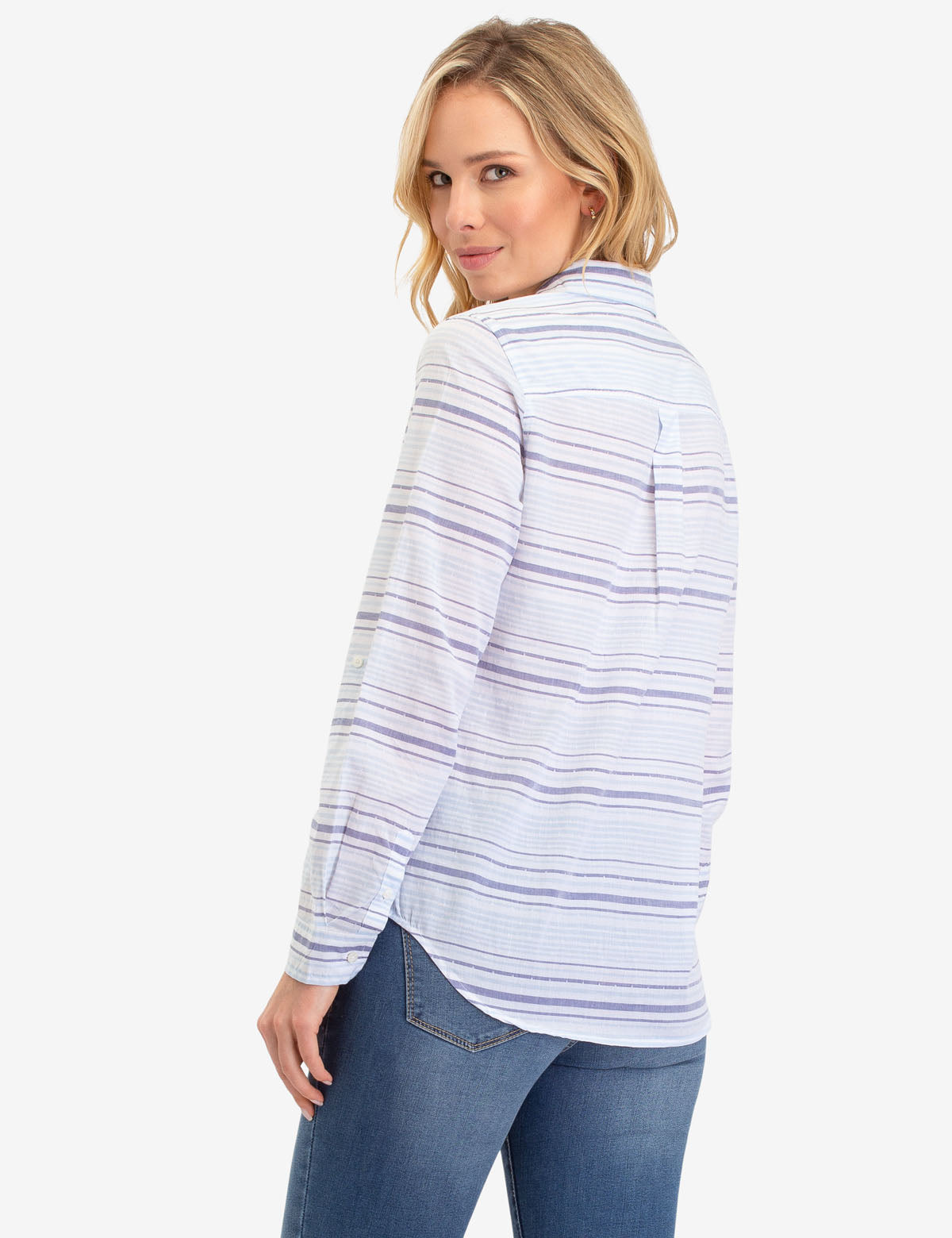 Blue Striped Lace-Up Long Sleeve Shirt for Women