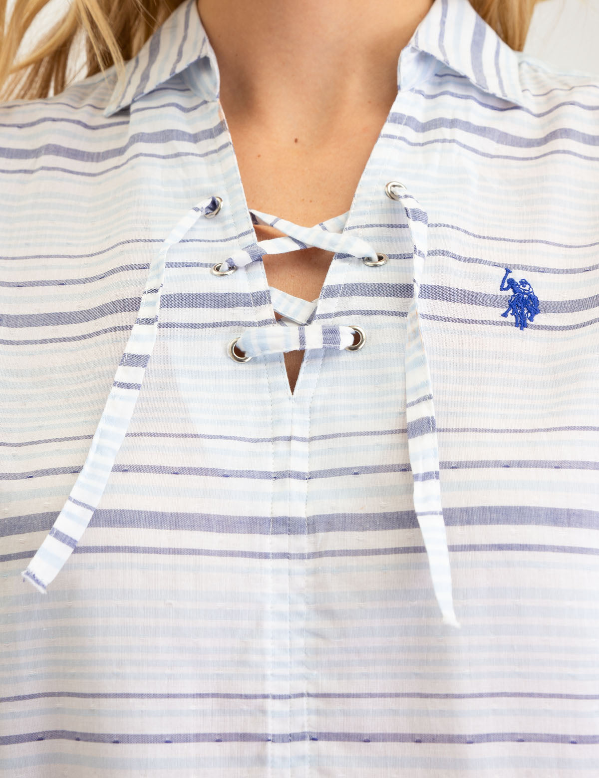 Blue Striped Lace-Up Long Sleeve Shirt for Women